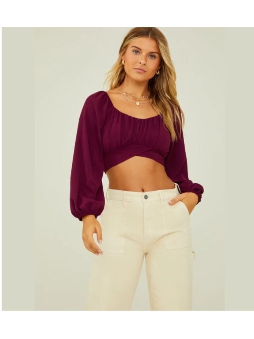 Boho Milkmaid Crop Top Cottagecore Puff Sleeve Burgundy XL